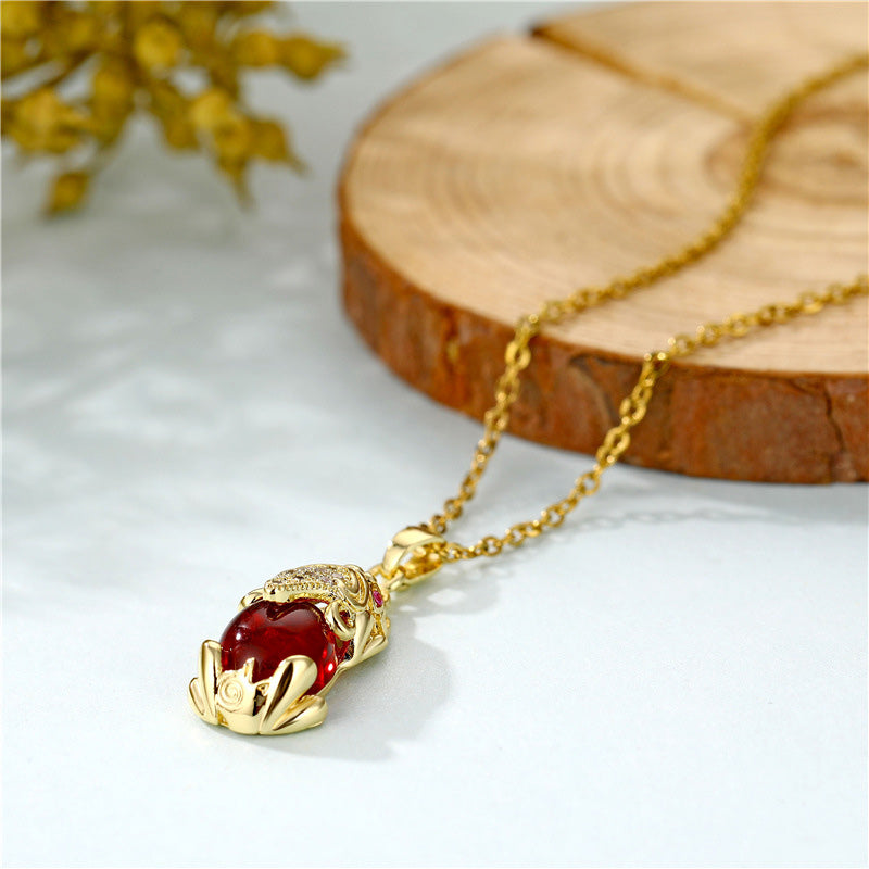 Pixiu Necklace with Natural Garnet, Agate & Jade for Wealth