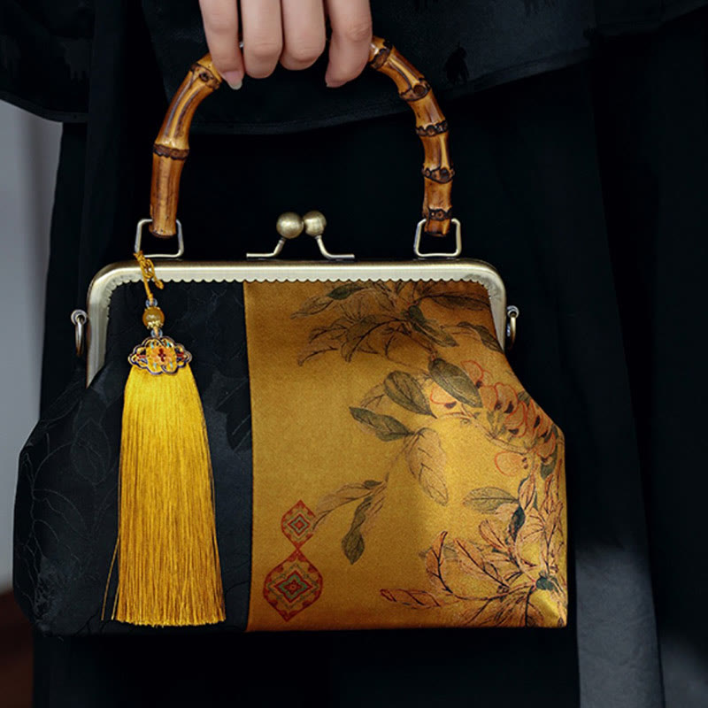 Von der Natur inspirierte Bambus-Grifftasche mit Blätter- und Vogeldesign