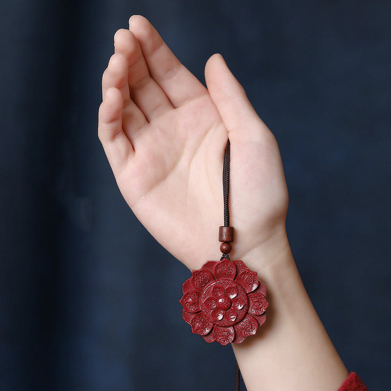 Natural Cinnabar Lotus Om Mani Padme Hum Pendant Necklace | Protection