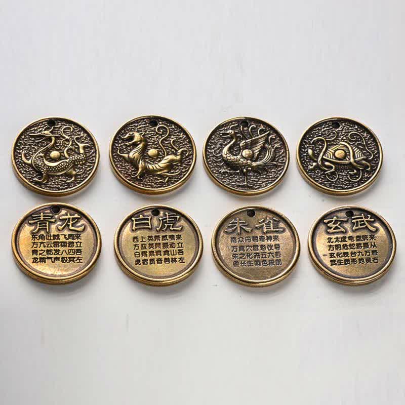 Kupferner Schlüsselanhänger mit vier Symbolen, azurblauem Drachen und Fabelwesen