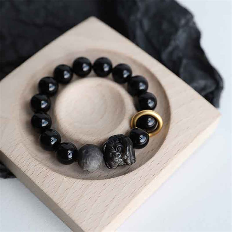 12mm Black Obsidian Lion Strength Empowerment Bracelet