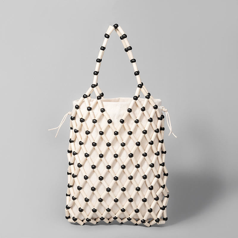 Handgewebte Netztasche mit hohlen Holzperlen | Spiritueller Schmuck