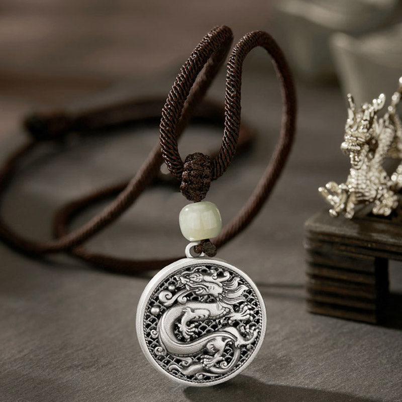 999 Sterling Silber Dragon Fu Charakter Hetian Jade Halskette