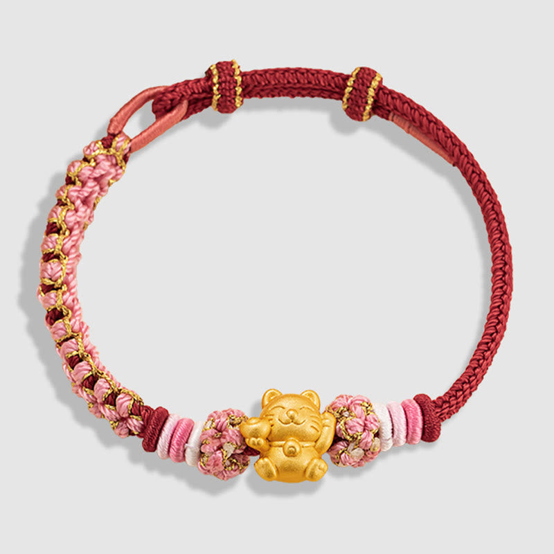 999 Sterling Silber Glückskatze Rote Schnur Seil Armband