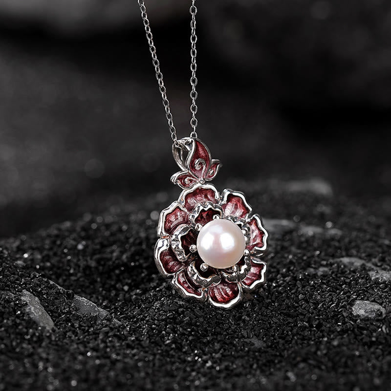 Perlenkette aus 999er Sterlingsilber mit Pfingstrosenblüten-Anhänger zur Heilung