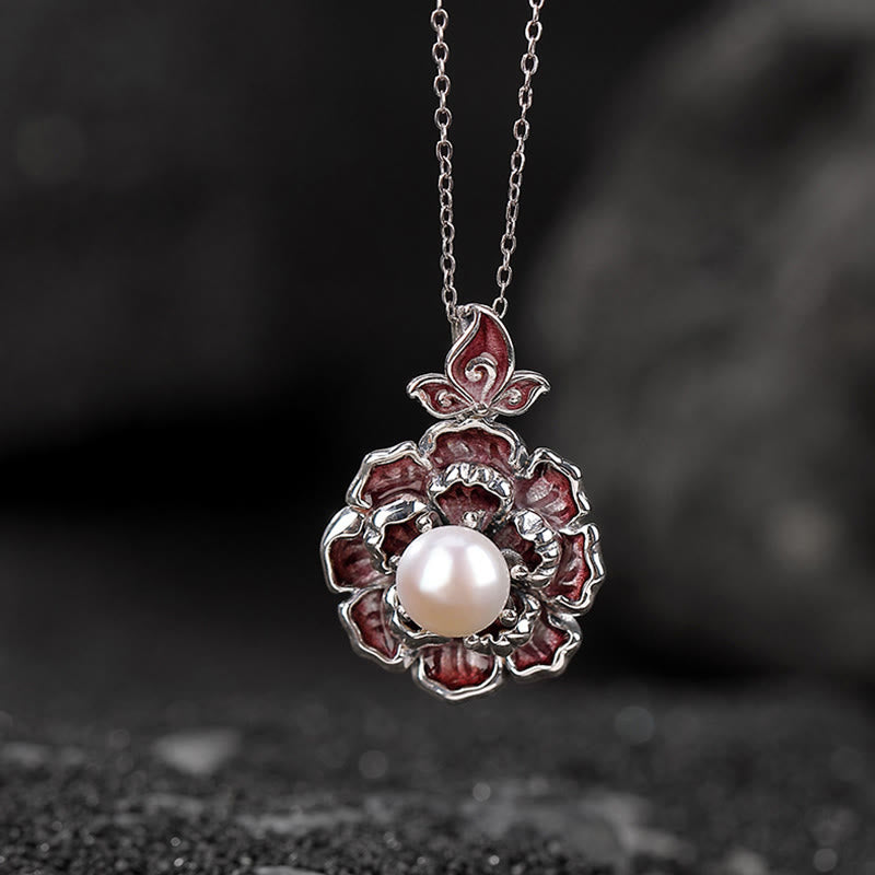 Perlenkette aus 999er Sterlingsilber mit Pfingstrosenblüten-Anhänger zur Heilung