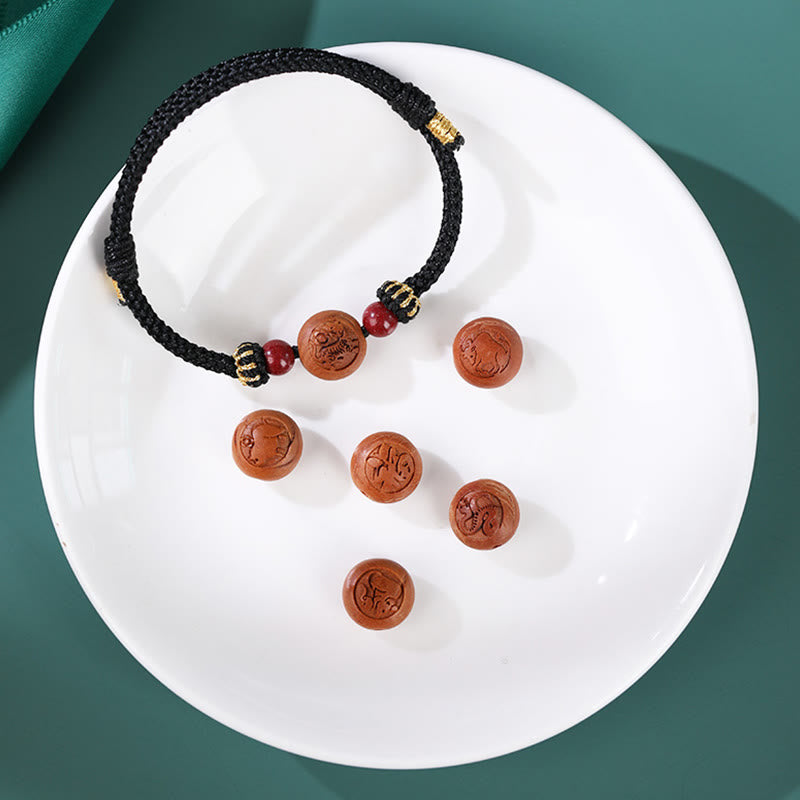 Natürliches Pfirsichholz Chinesisches Sternzeichen Fu Zinnober Reichtum Armband