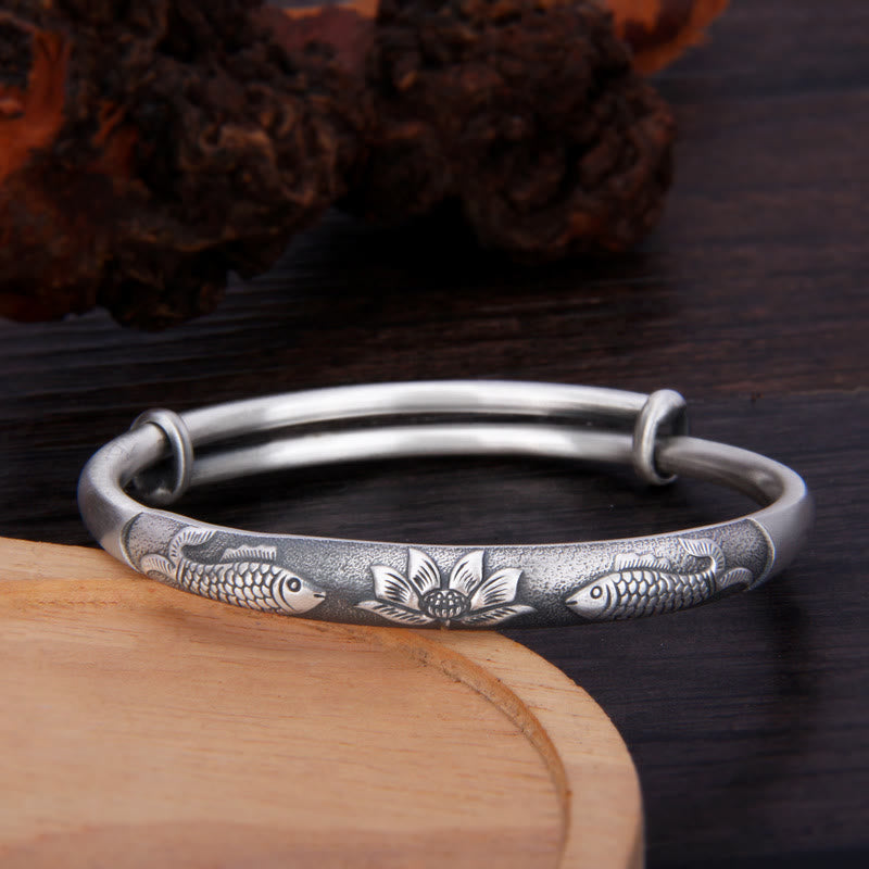 Sterling Silver Koi Fish Lotus Luck Bracelet Adjustable