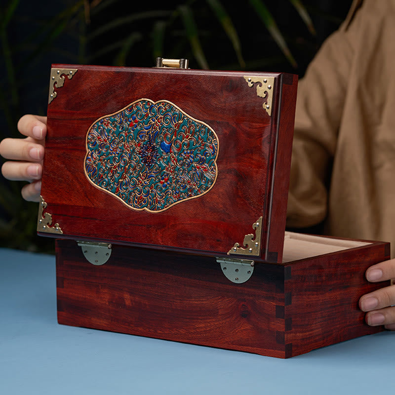 Antike, handgefertigte Schmuckschatulle aus rotem Sandelholz und Rosenholz