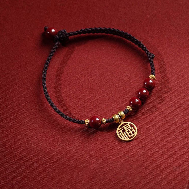 Cinnabar Fu Character Braided String Bracelet 14-19cm