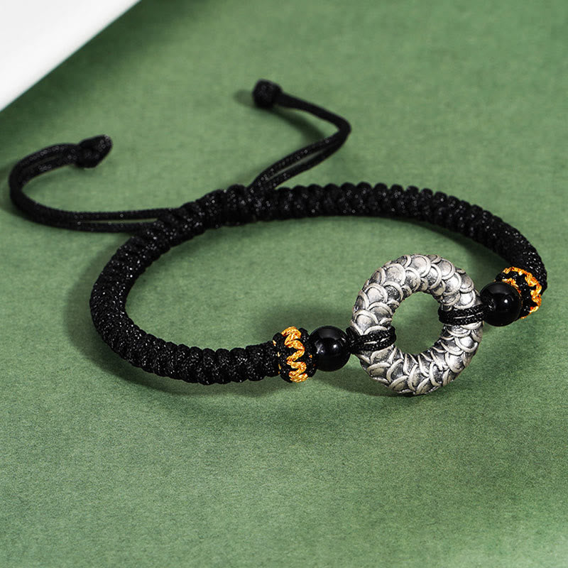 9 cm großes Drachenarmband aus schwarzem Onyx mit Peace-Schnalle aus 999er Sterlingsilber