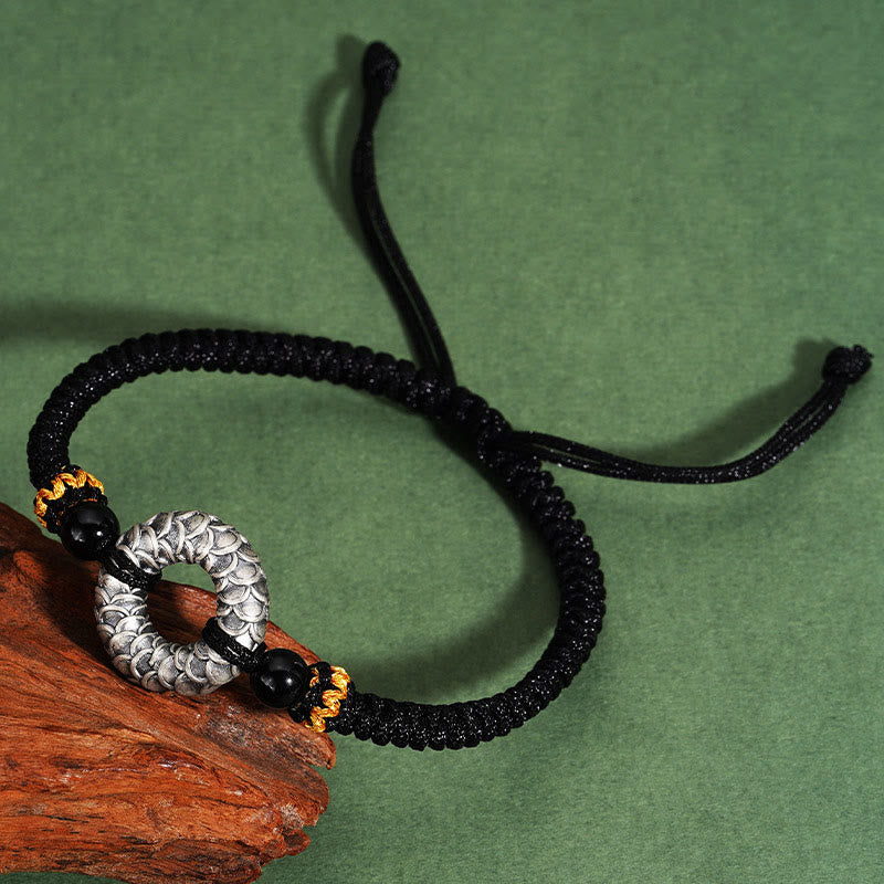 9 cm großes Drachenarmband aus schwarzem Onyx mit Peace-Schnalle aus 999er Sterlingsilber