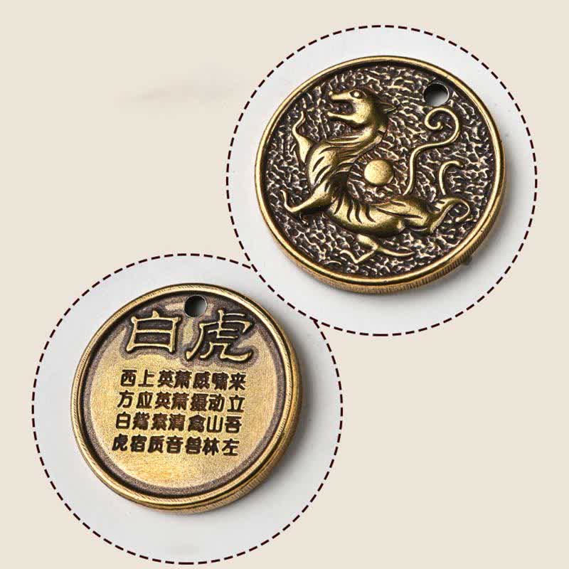 Kupferner Schlüsselanhänger mit vier Symbolen, azurblauem Drachen und Fabelwesen