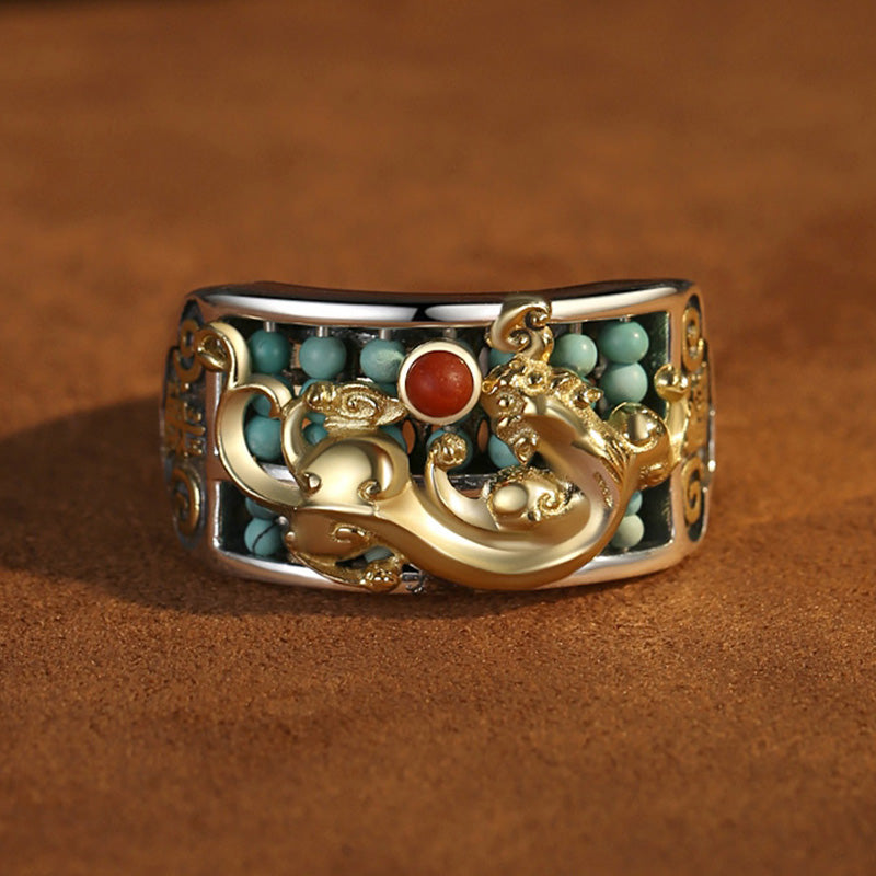 925 Sterling Silver Turquoise Red Agate PiXiu Protection Ring