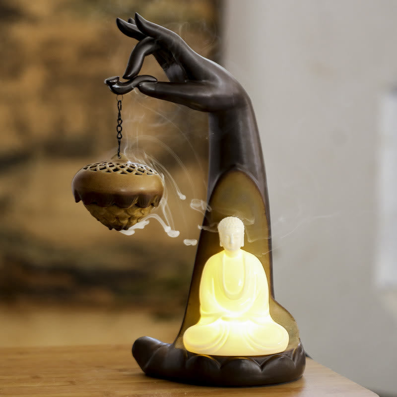 LED Buddha Hand Rückfluss Rauchbrunnen Keramik Weihrauchbrenner