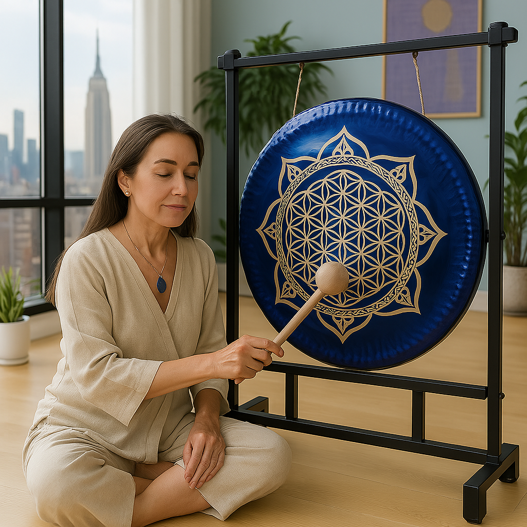 Blaues Gong-Instrument „Blume des Lebens“ zur Klangentspannung