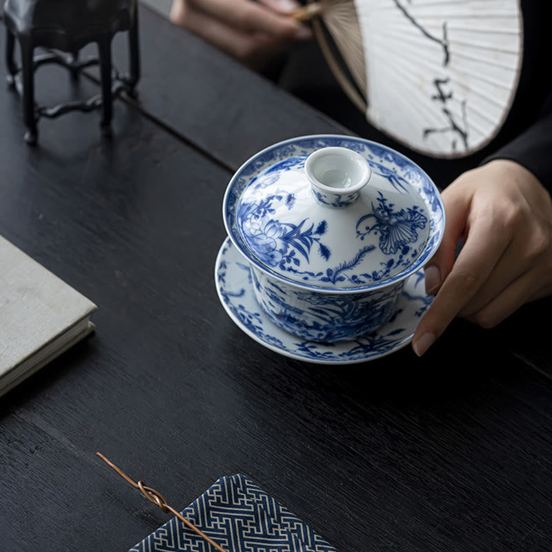 Löwentanz-Keramik-Gaiwan-Teetasse 300 ml mit Deckel und Untertasse