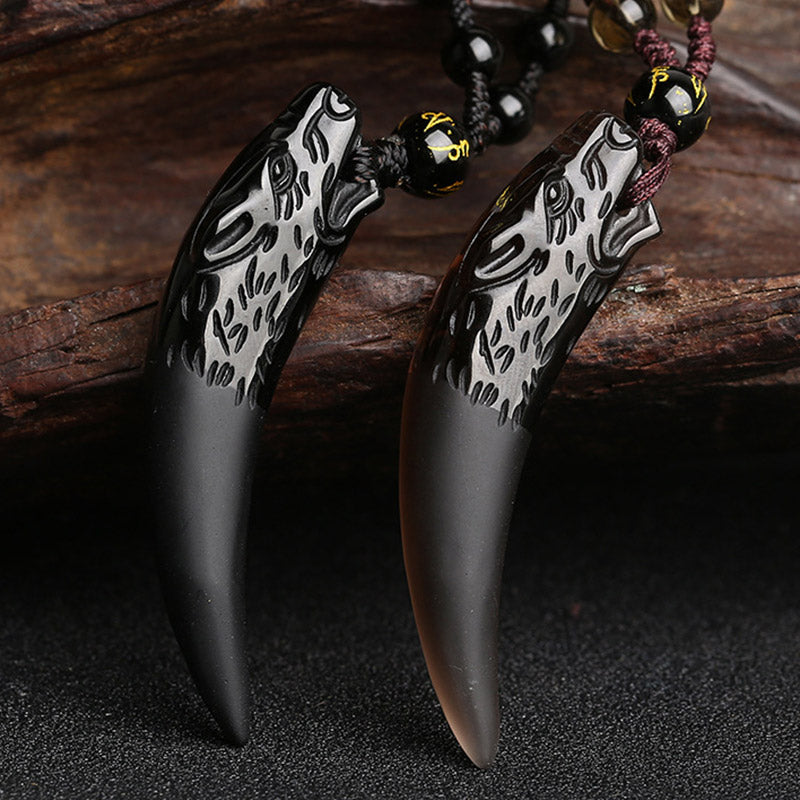 Large Ice Obsidian Wolf Tooth Pattern Courage Necklace