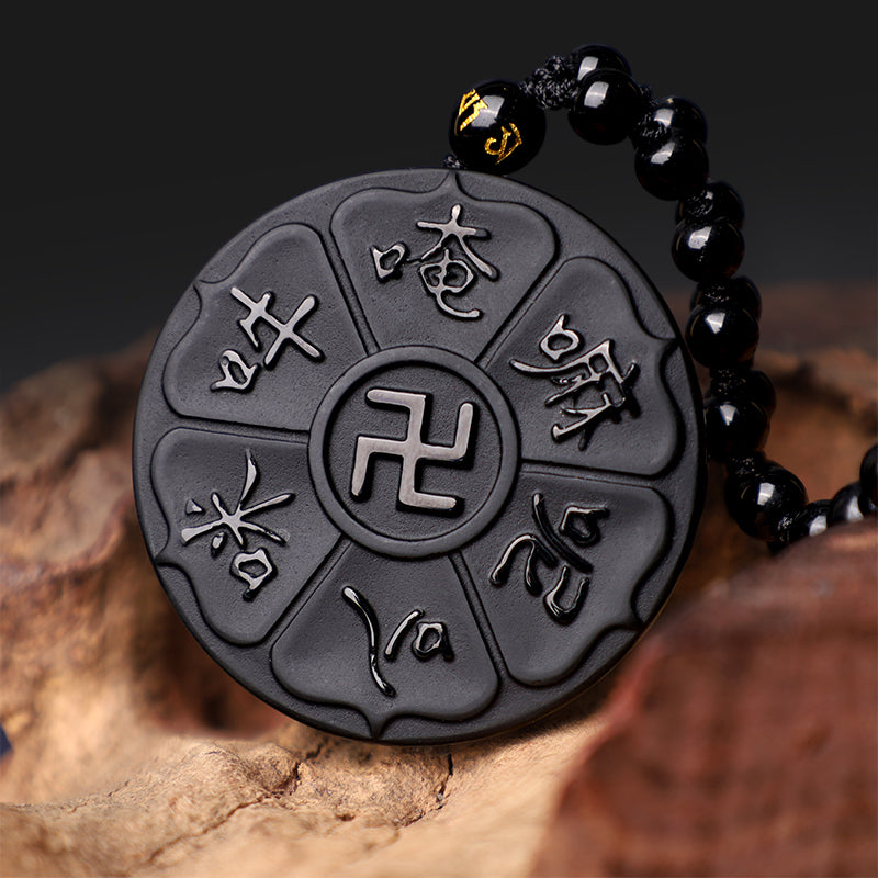 Black Obsidian Om Mani Padme Hum Necklace for Spiritual Luck