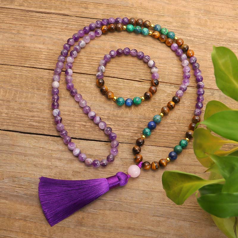 Tibetan Amethyst Purify Bracelet Set with Tiger Eye & Lazurite