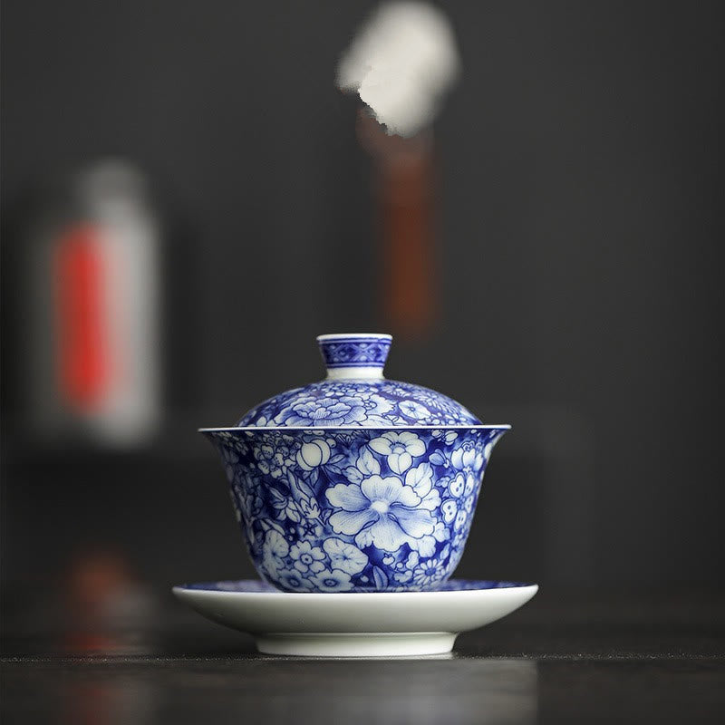 Vintage Blau Weiß Porzellan Gaiwan Teetasse Set 150ml Meditation