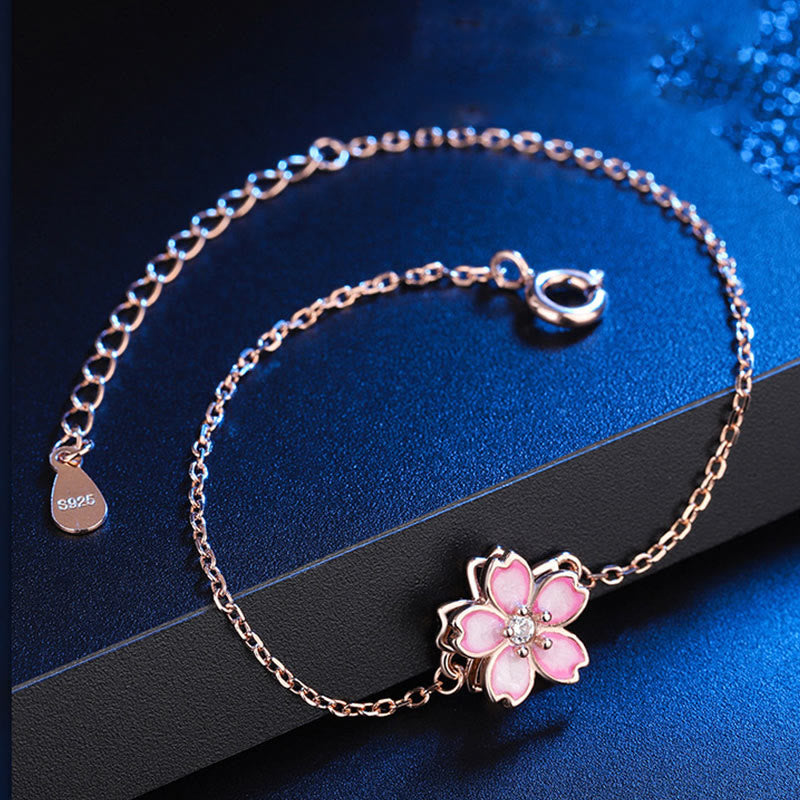925 Sterling Silver Cherry Blossom Blessing Chain Bracelet with Rotatable Ring