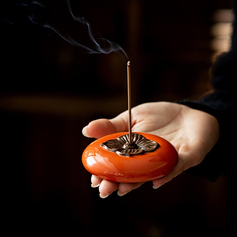 Ceramic Persimmon Incense Burner for Meditation Healing