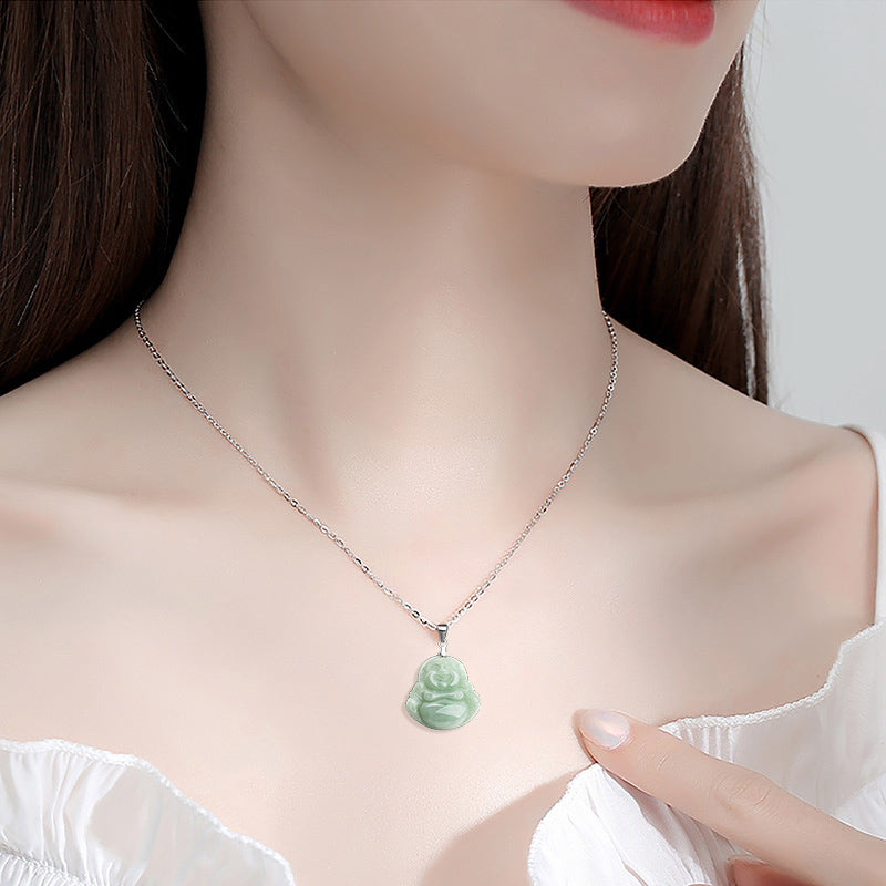 Halskette „Lachender Buddha“ aus 925er Sterlingsilber mit Jade für Wohlstand
