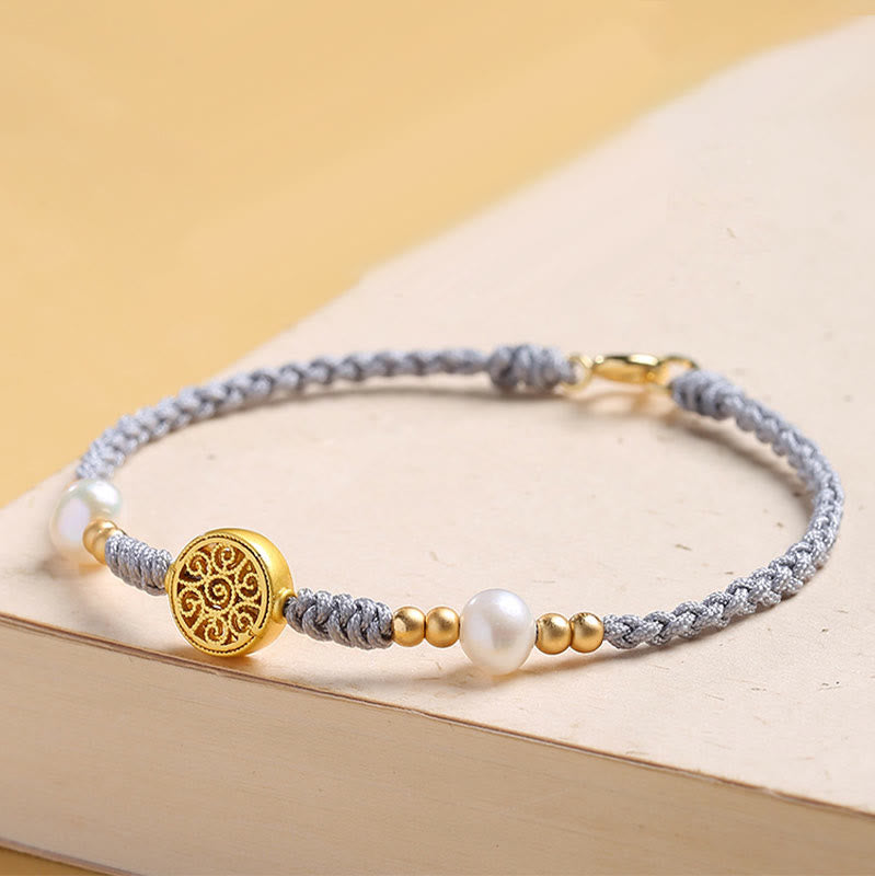 Copper Coin Tree of Life Bracelet with Pearl and Blue Rope