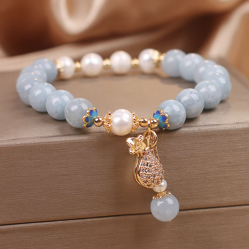 Aquamarine Pearl Fortune Money Bag Charm Bracelet