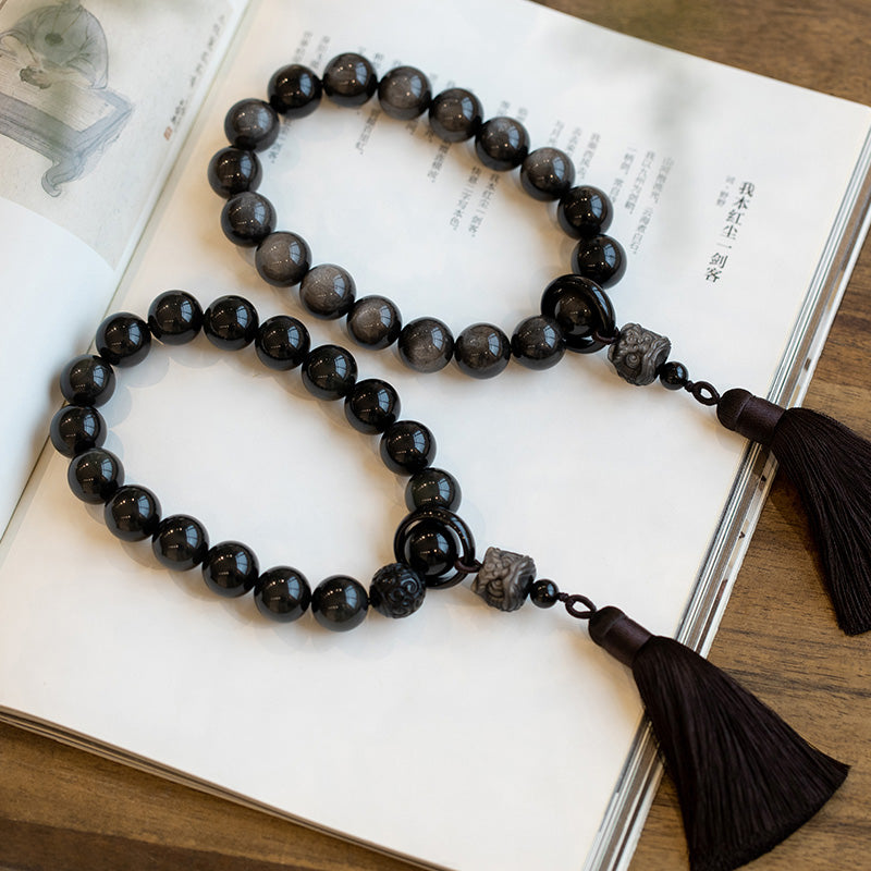 16 mm silberner Obsidian-Löwe-Handgelenk-Mala für Schutz und Weisheit
