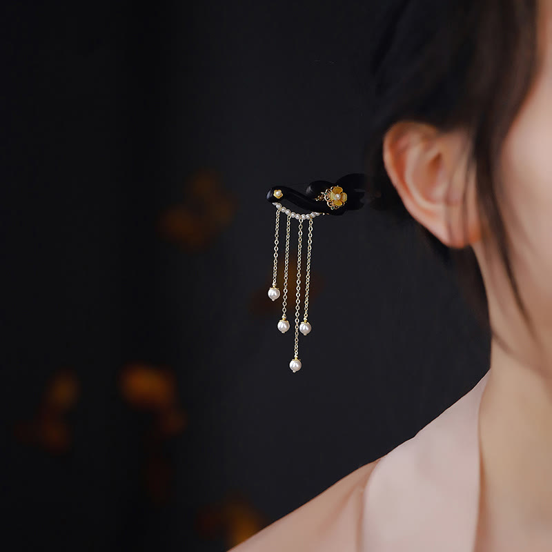 Ebony Wood Chinese Hairpin with Yellow Pearl Tassels