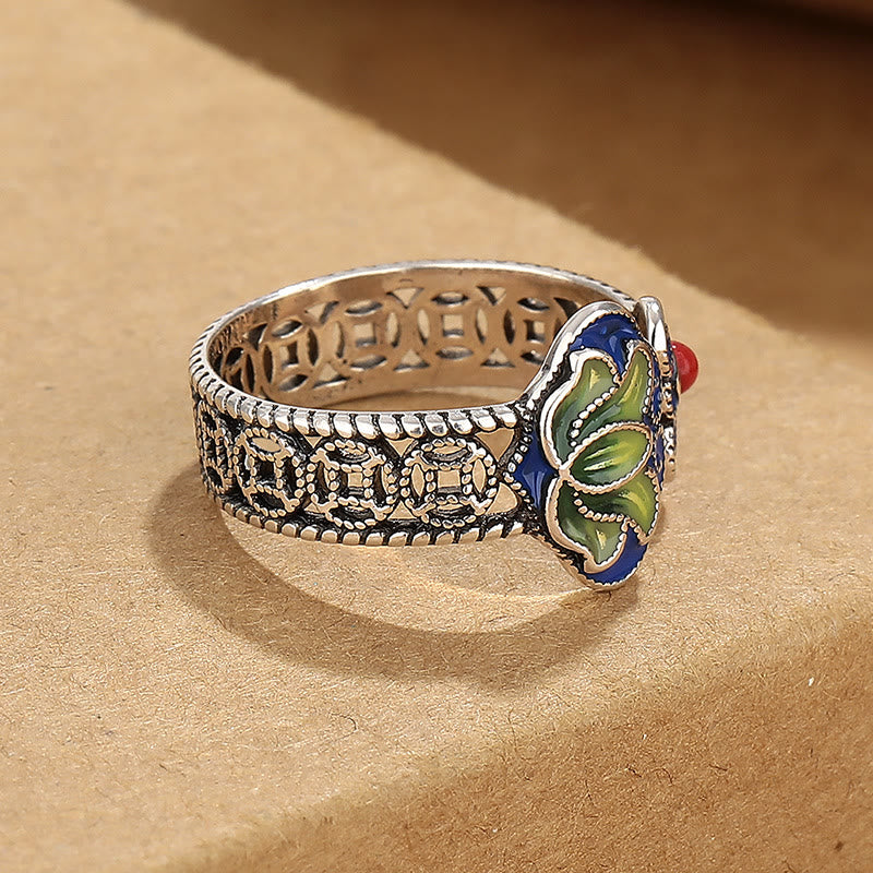 Verstellbarer Kupfer-Lotusblumenring mit Ruyi-Griffsymbol