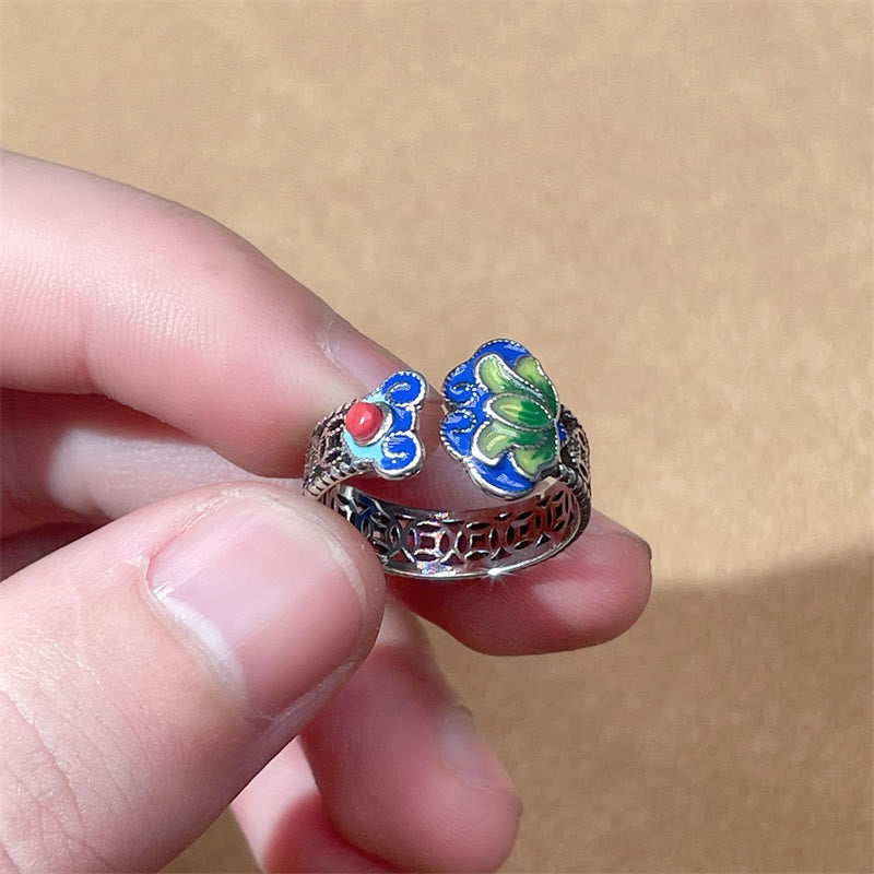 Verstellbarer Kupfer-Lotusblumenring mit Ruyi-Griffsymbol