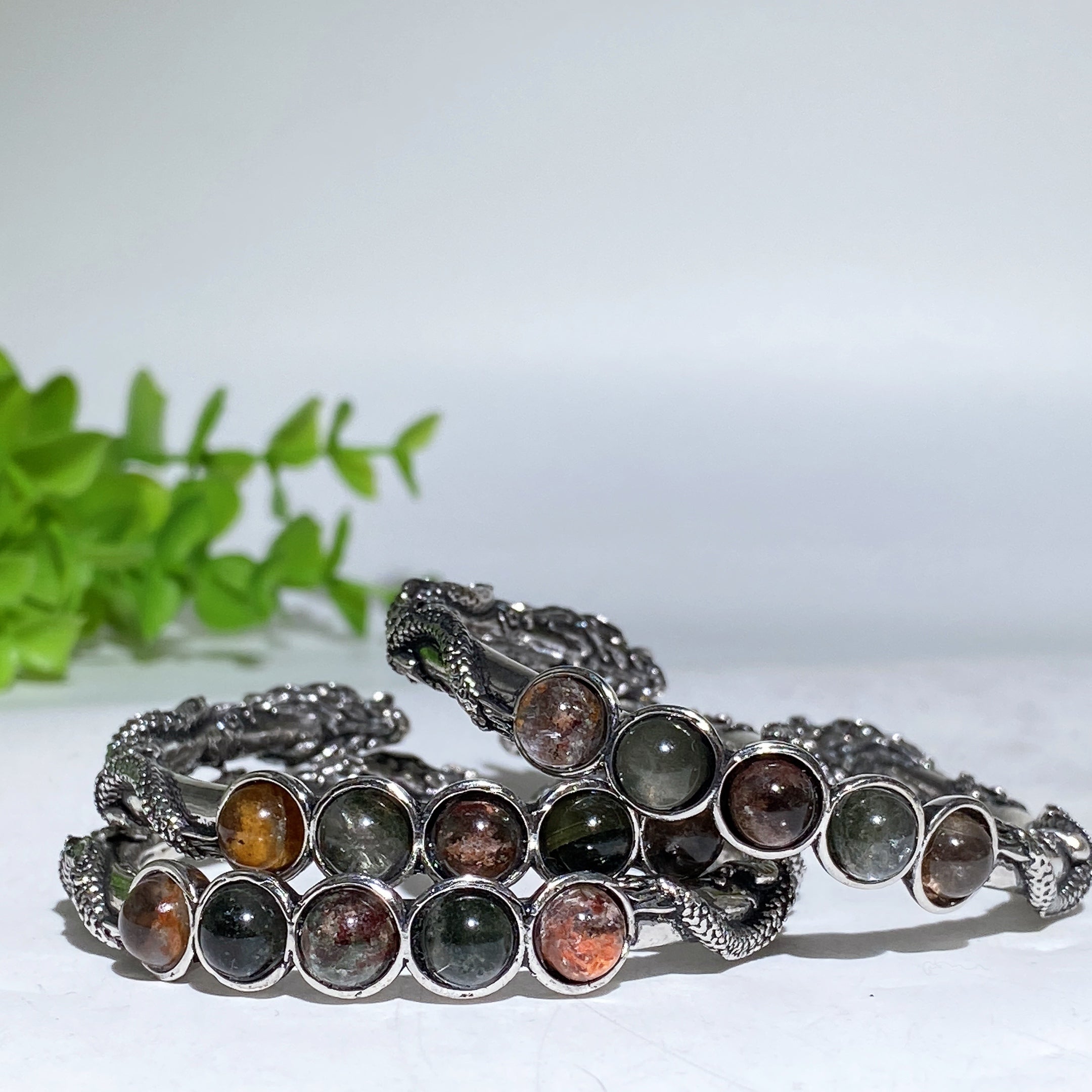 Adjustable Labradorite Crystal Healing Bangle with Dragon Motif