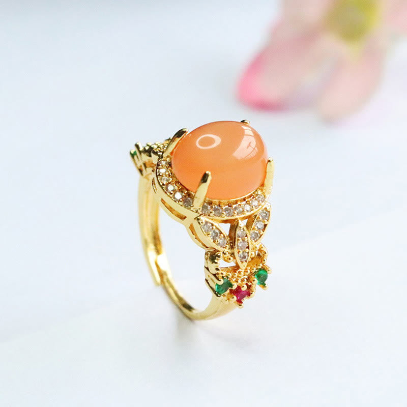Verstellbarer Pfirsich-Mondstein-Ring mit vierblättrigem Blumendesign | Vintage
