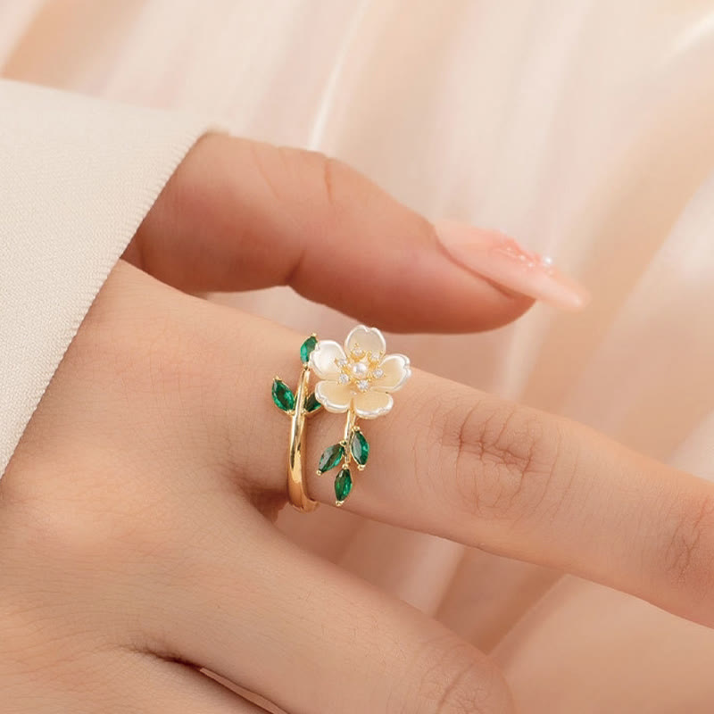 Verstellbarer Kupferring mit Perlenblume und Zirkonia für Glück und Reichtum