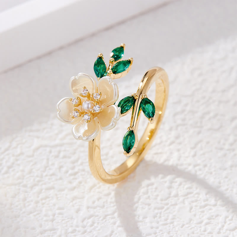 Verstellbarer Kupferring mit Perlenblume und Zirkonia für Glück und Reichtum