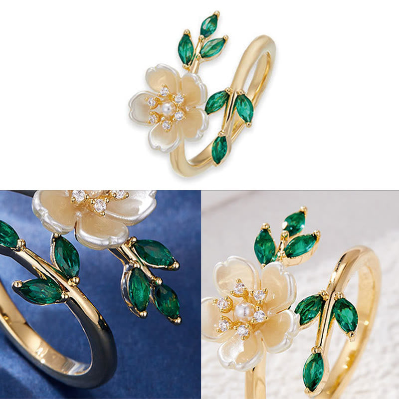 Verstellbarer Kupferring mit Perlenblume und Zirkonia für Glück und Reichtum
