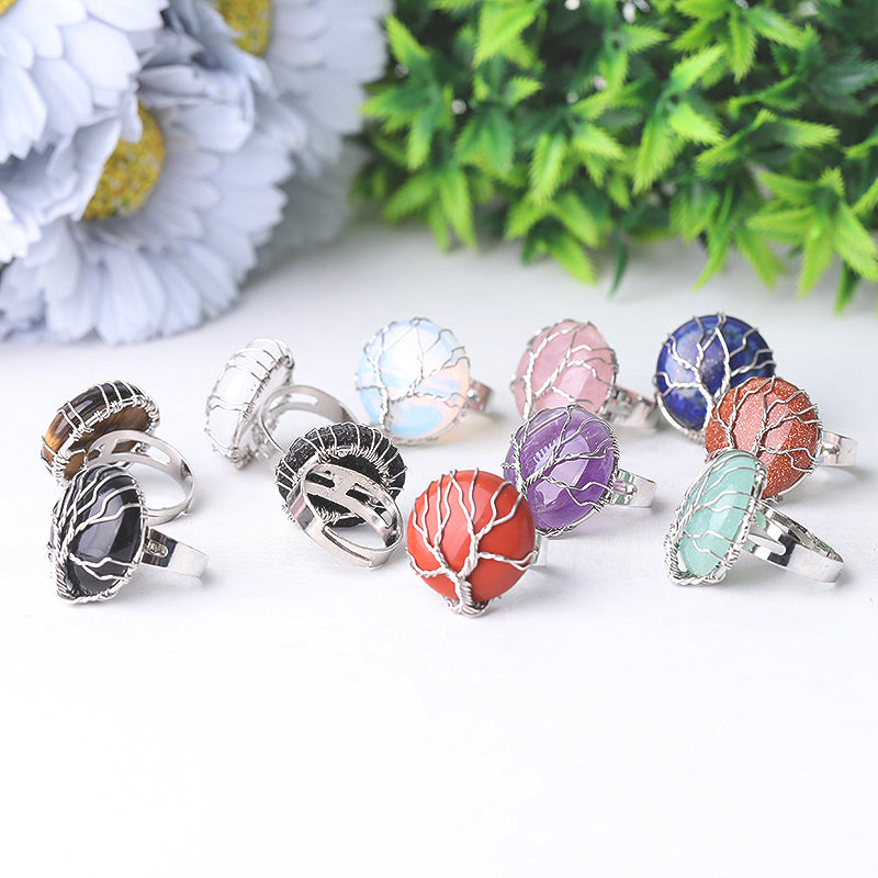 Adjustable Tree of Life Crystal Ring with Genuine Gemstones