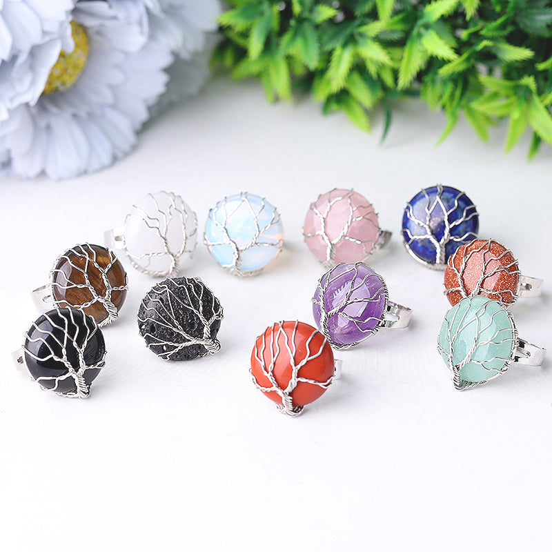 Adjustable Tree of Life Crystal Ring with Genuine Gemstones