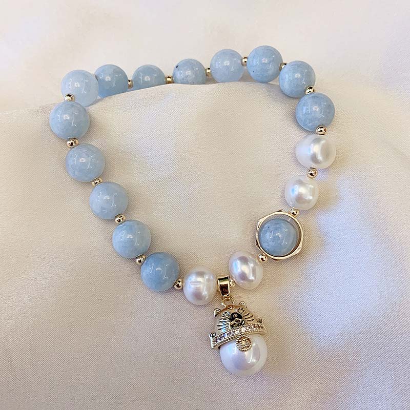 8mm Aquamarine Pearl Peace Healing Charm Bracelet