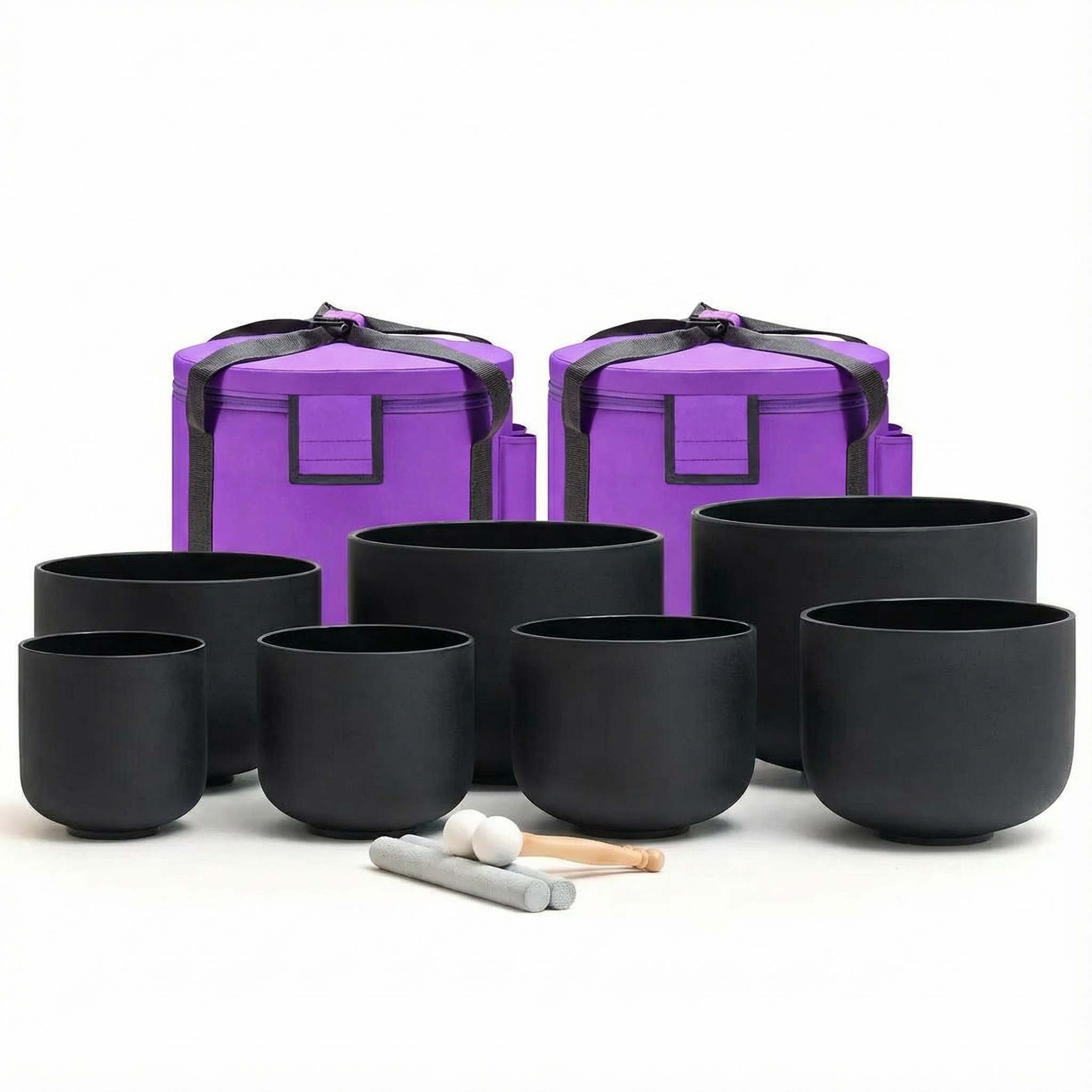 7-teiliges Klangschalen-Set aus schwarzem Kristall für Klangbäder