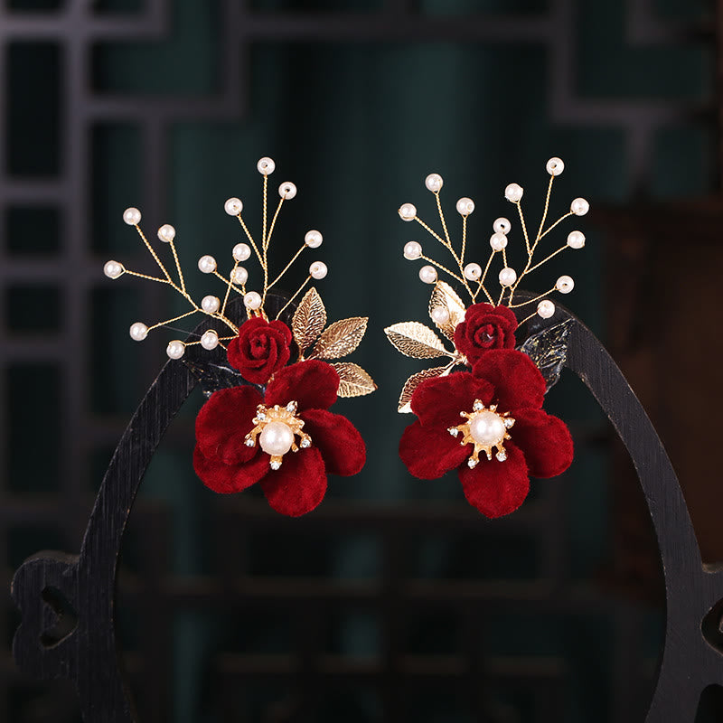 Antikes chinesisches Haarnadel-Set mit roten Blumen und Perlenquasten