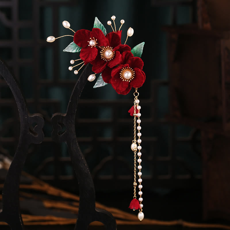 Antikes chinesisches Haarnadel-Set mit roten Blumen und Perlenquasten
