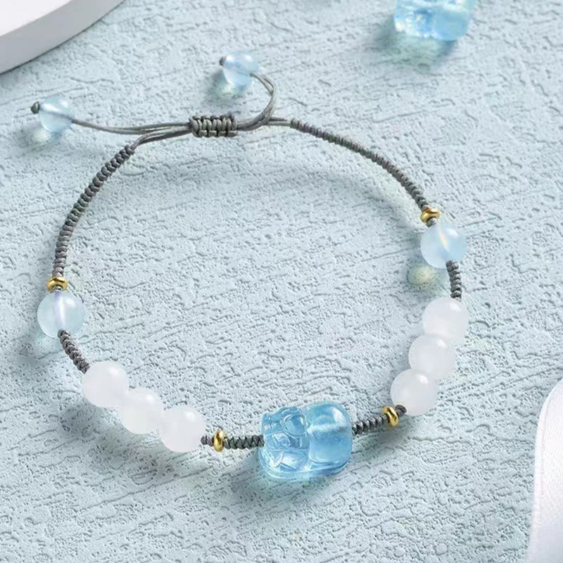 Pixiu-Armband aus Aquamarin und weißer Jade für Reichtum und Gelassenheit