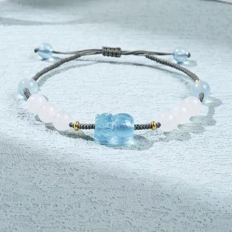 Pixiu-Armband aus Aquamarin und weißer Jade für Reichtum und Gelassenheit