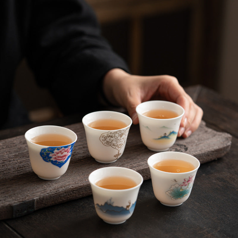 Zen Ceramic Teacup with Lotus Flower and Mountain Design 100ml