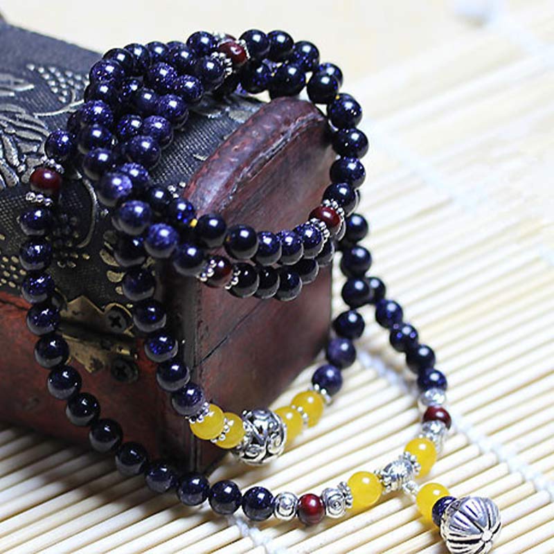 6mm Blue Sandstone Wealth Charm Mala Beads Bracelet