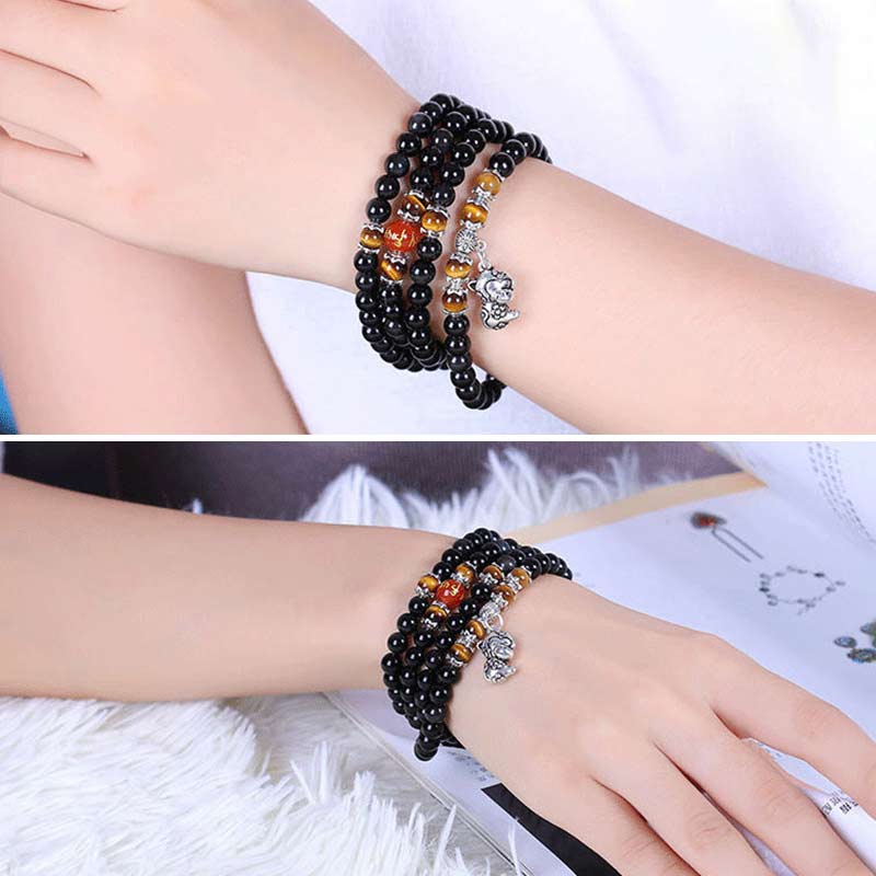 Armband mit 108 Perlen aus schwarzem Obsidian und Tigerauge, chinesisches Sternzeichen